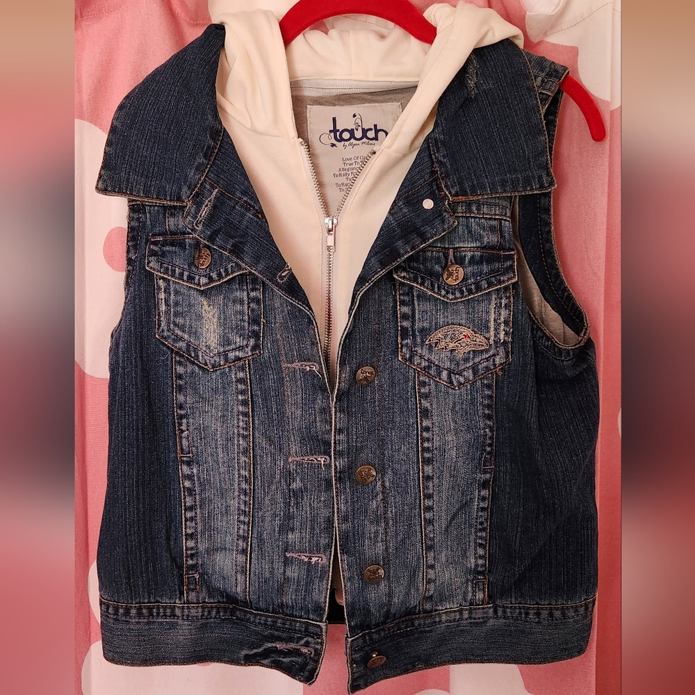 Touch by Alyssa Milano Ladies' Denim Vest with Off-White Hoodie, Ravens Insignia